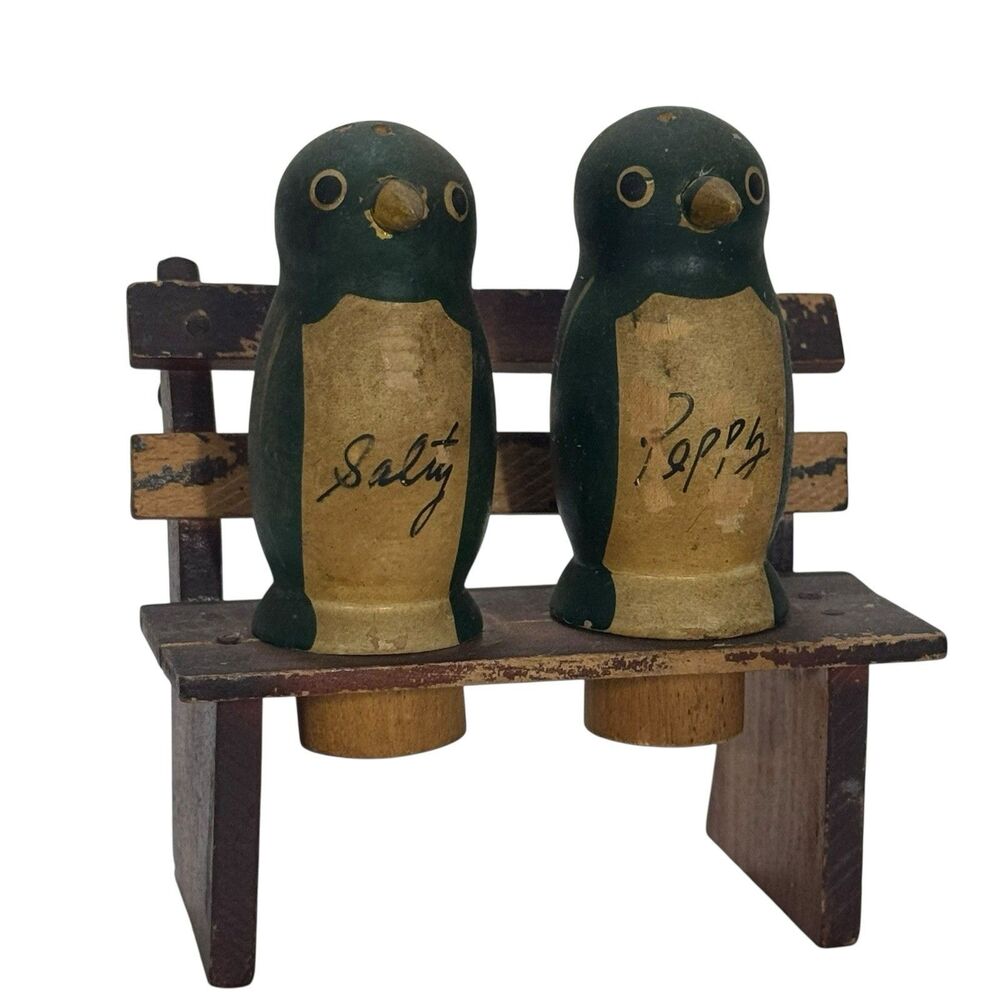 Vintage 50’s Wooden Bird Salt Pepper Shaker Set On Park Bench Japan Penguin